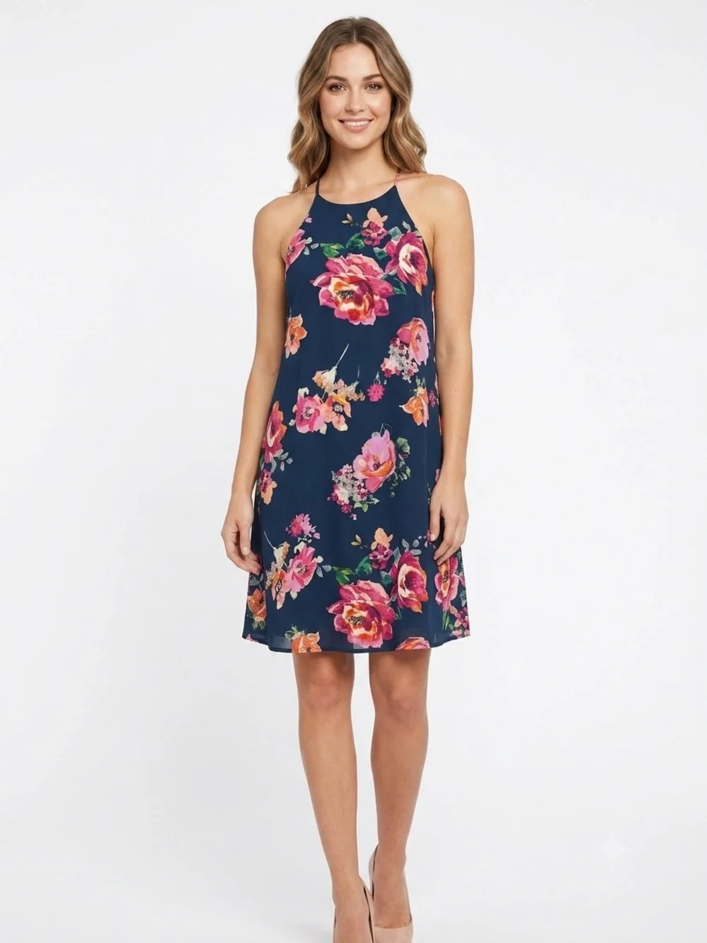 Everly Navy Floral Halter Shift Dress Size M Sleeveless Lined Boutique Made USA